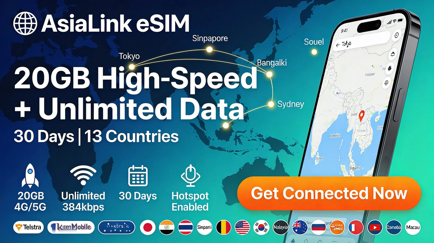Asia Pacific Travel eSIM - 13 Countries | 20GB High Speed Data + Unlimited 384kbps | 30 Days (Copy) Balisim2u