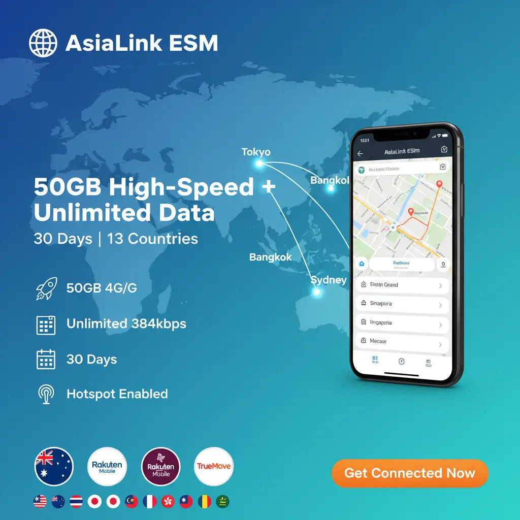 Asia Pacific Travel eSIM - 13 Countries | 50GB High Speed Data + Unlimited 384kbps | 30 Days Balisim2u